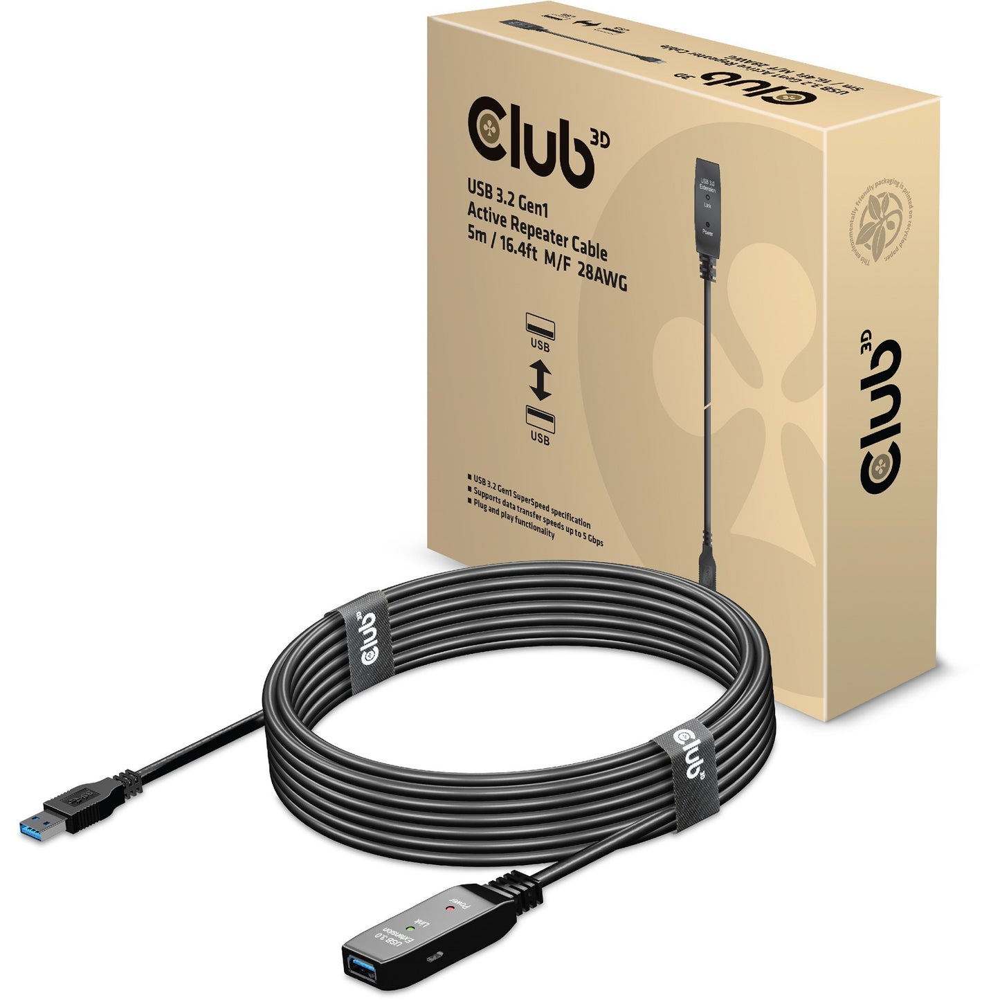 Club 3D usb 3.2 gen1 active repeater verlengkabel (zwart, 5 meter)