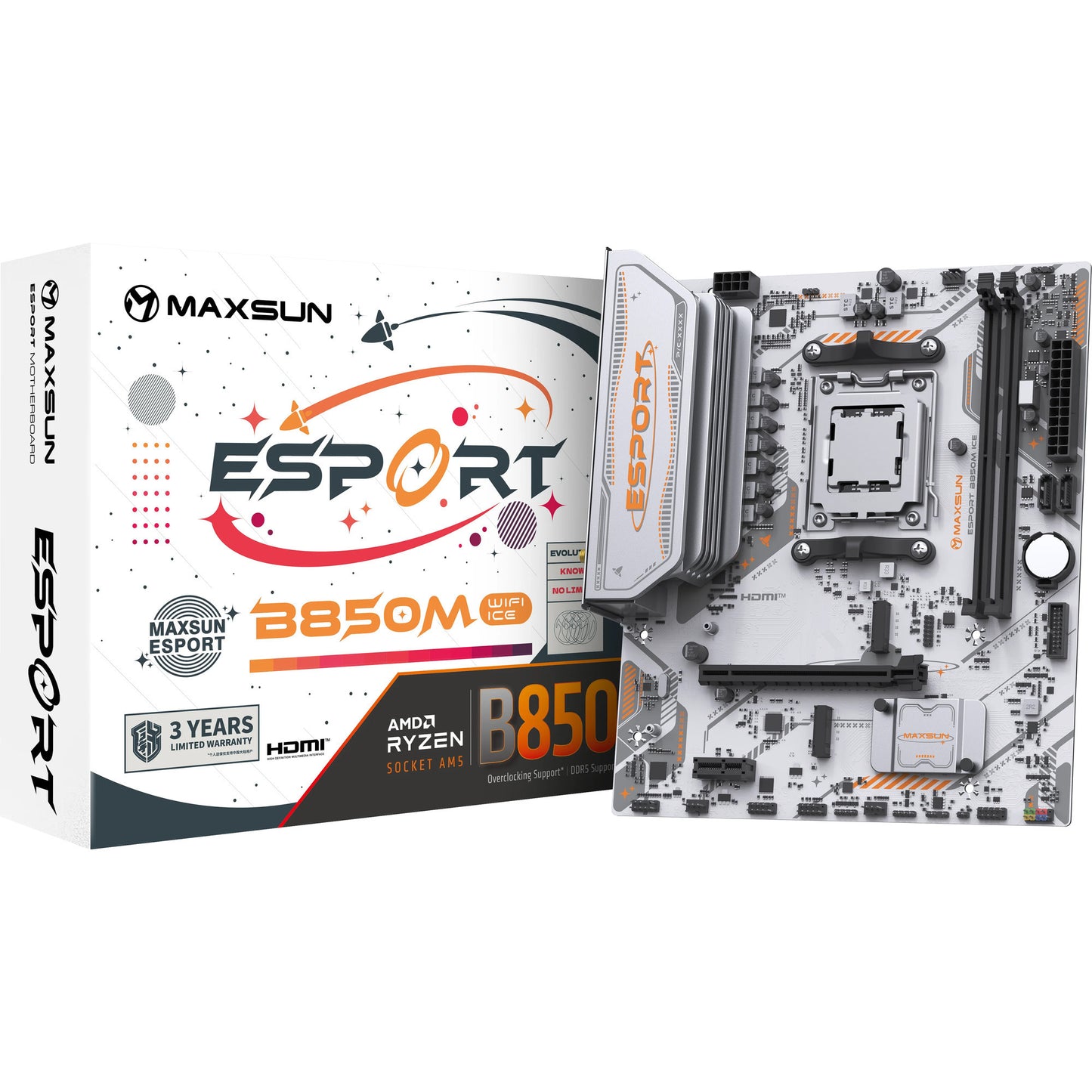 MAXSUN ms-esport b850m wifi ice socket am5 moederbord (wit, raid, gb-lan, wlan, bt, sound, µatx)