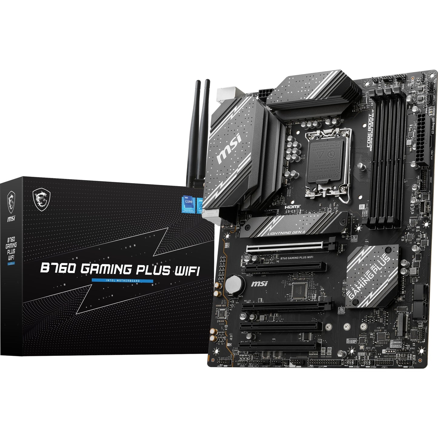 MSI b760 gaming plus wifi socket 1700 moederbord (grijs zwart, raid, 2.5gb-lan, wi-fi 6e, bt, sound, atx)