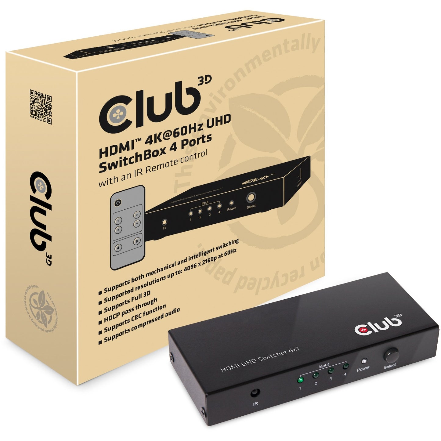 Club 3D hdmi 2.0 uhd switchbox 4 ports adapter (zwart, csv-1370)