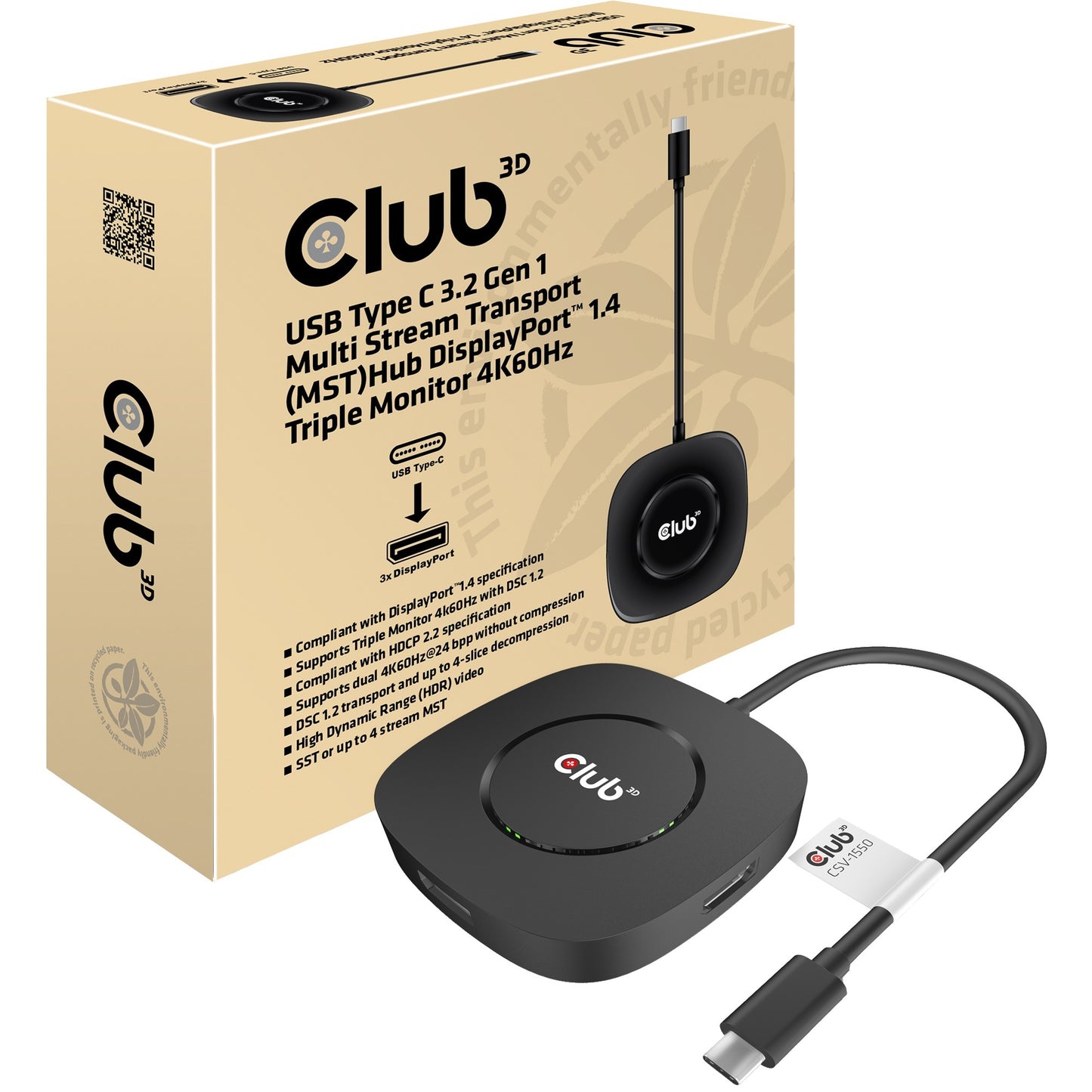Club 3D usb-c 3.2 mst hub displayport 1.4 adapter (zwart)