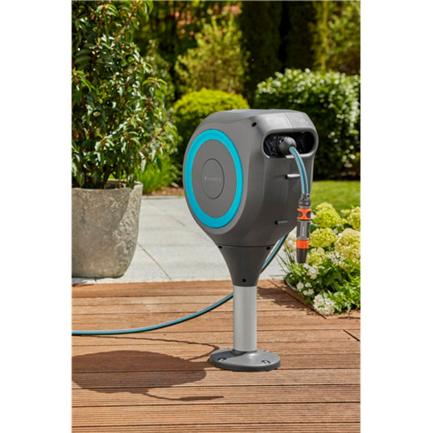 GARDENA patio slangbox rollup slanghaspel (grijs turquoise, 20 meter, incl. reinigingsspuit)