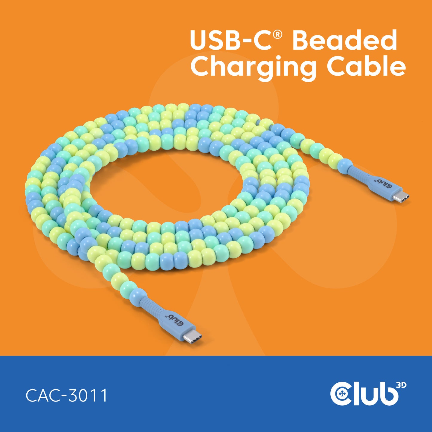 Club 3D usb-c beaded cable blue, 2 meter kabel (blauw)