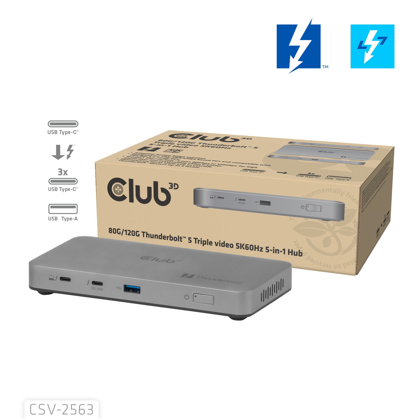 Club 3D 5-1 thunderbolt 5 hub triple video dockingstation (grijs)