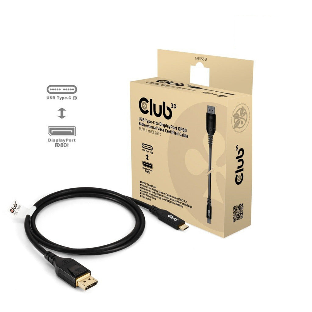 Club 3D usb-c naar displayport dp80 bidirectioneel adapter (zwart, 1 meter, vesa-gecertificeerd)