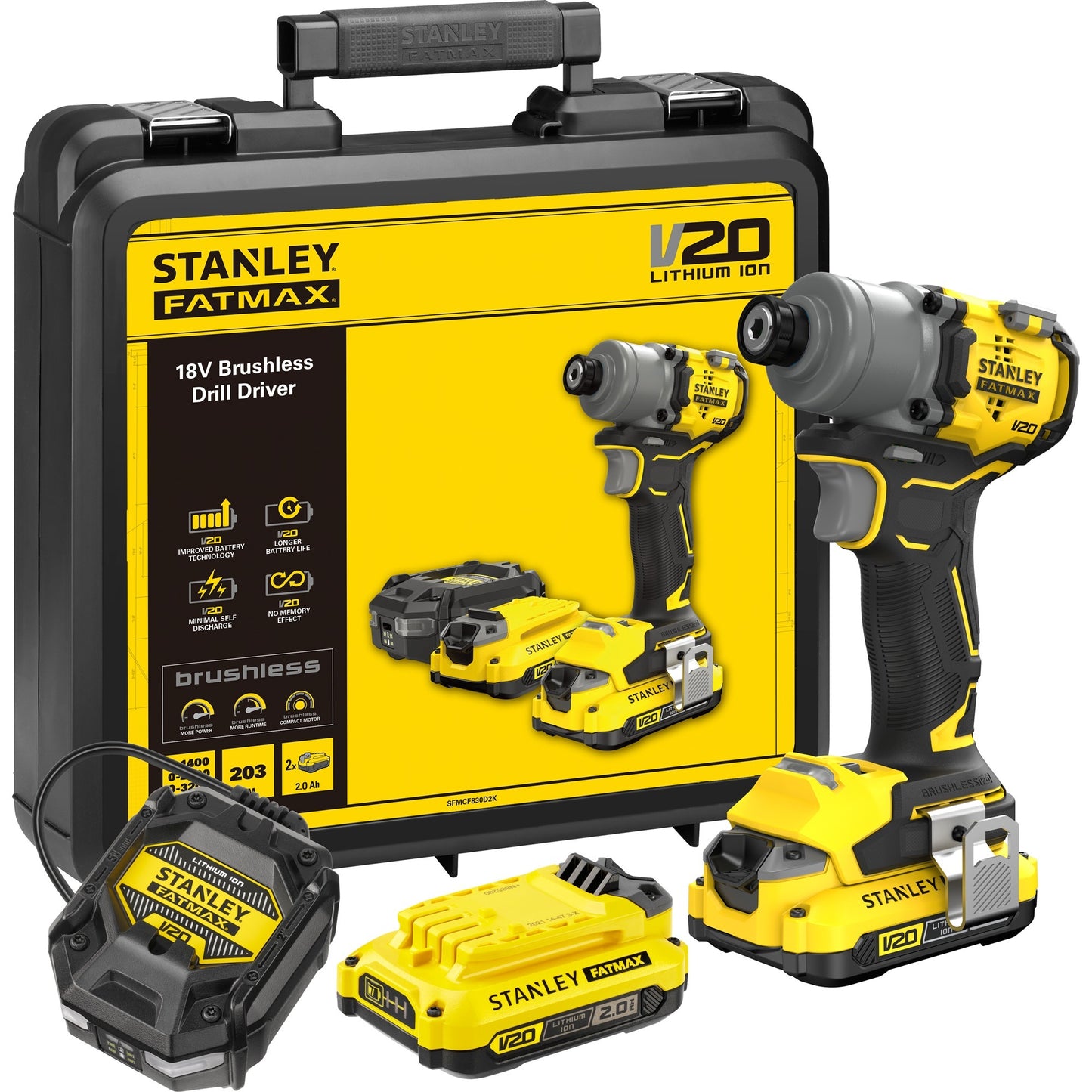 Stanley v20 18v borstelloze slagschroevendraaier (geel zwart, koffer, 2 accu's en oplader inbegrepen)