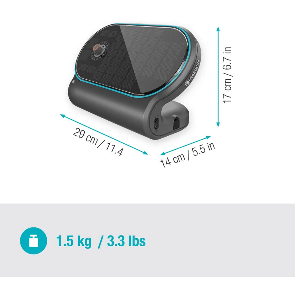 GARDENA aquabloom set l voor bewatering op zonne-energie besproeiingscomputer (grijs turquoise, automatisch besproeiingssysteem, accu inbegrepen)