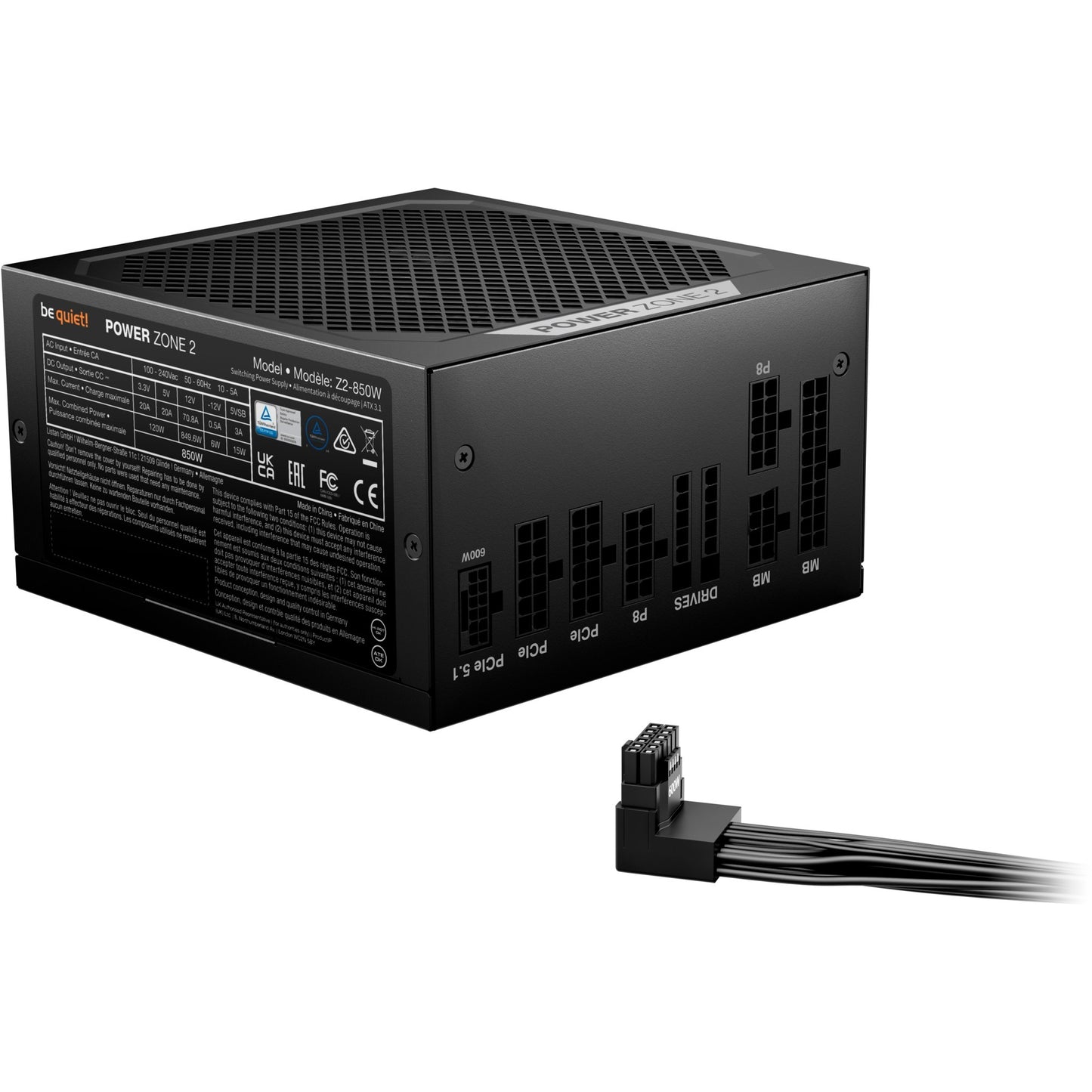 Be Quiet! power zone 2 modulaire 850 watt voeding (zwart, 1x 12v-2x6, 3x pcie)