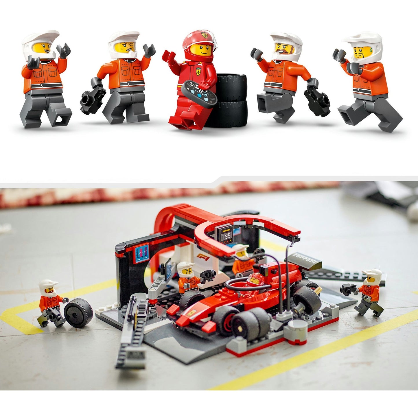 LEGO city 60443 f1 pitstop en pitcrew met ferrari auto