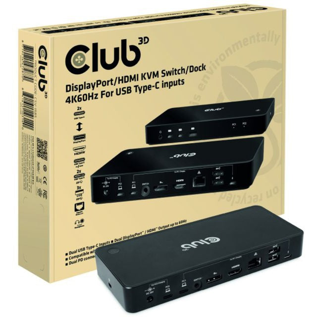 Club 3D displayport hdmi dock 4k60hz dockingstation (zwart, met kvm-functionaliteit)