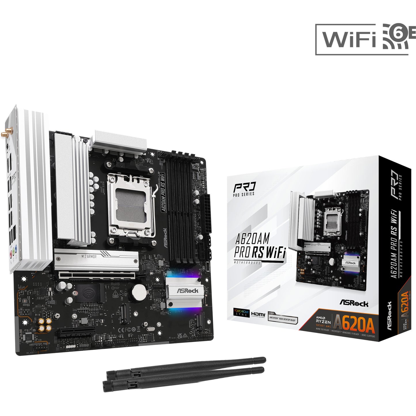 ASRock a620am pro rs wifi socket am5 moederbord (raid, 2.5 gb-lan, wlan, bt, sound, µatx)
