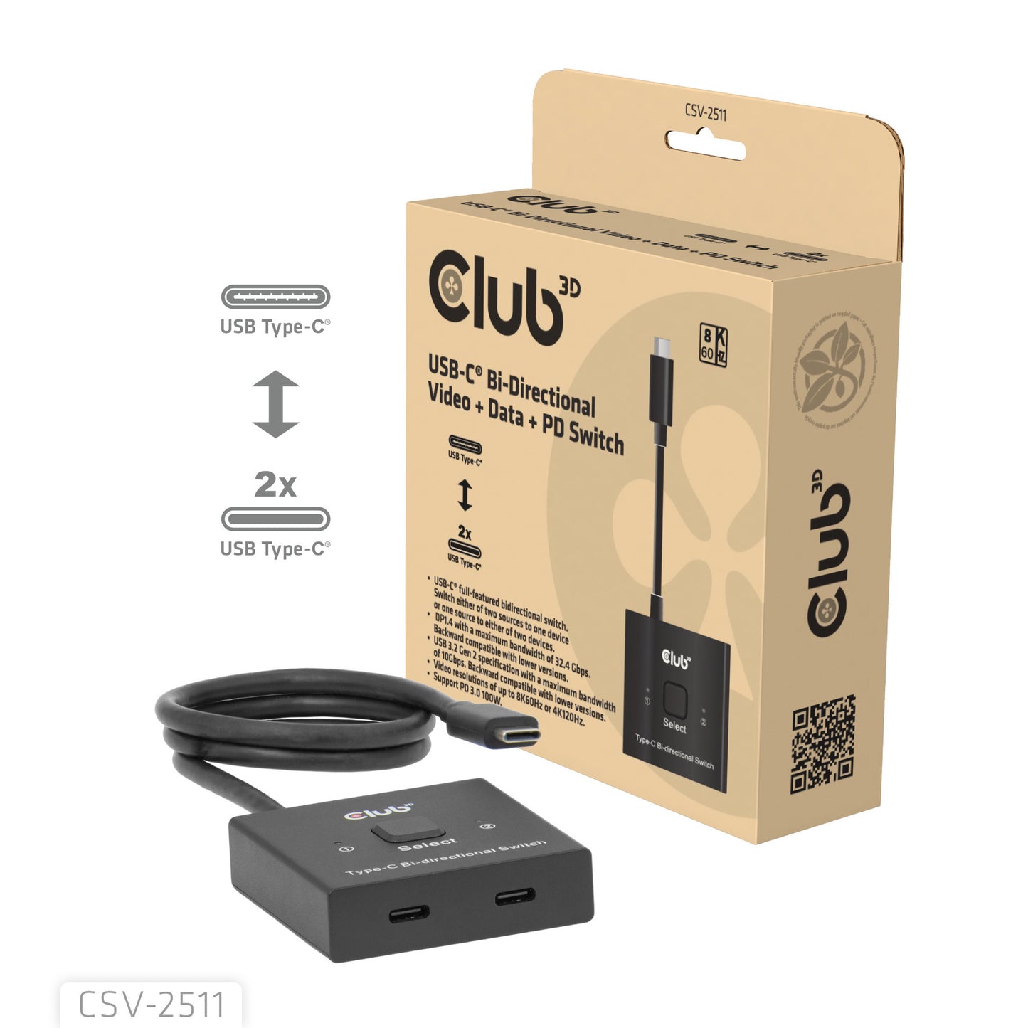 Club 3D usb-c bi-directional video + data + pd switch usb-switch (zwart)