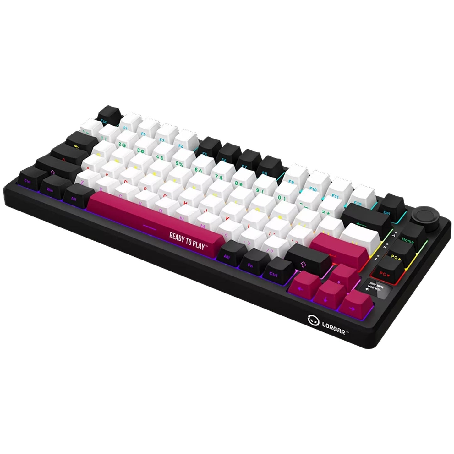 LORGAR kbp7075w rgb mechanisch gaming toetsenbord (zwart, us lay-out (qwerty), logar toxic purple, 75%, rgb, hot-swappable, pbt double-shot, bluetooth | 2.4ghz | usb)