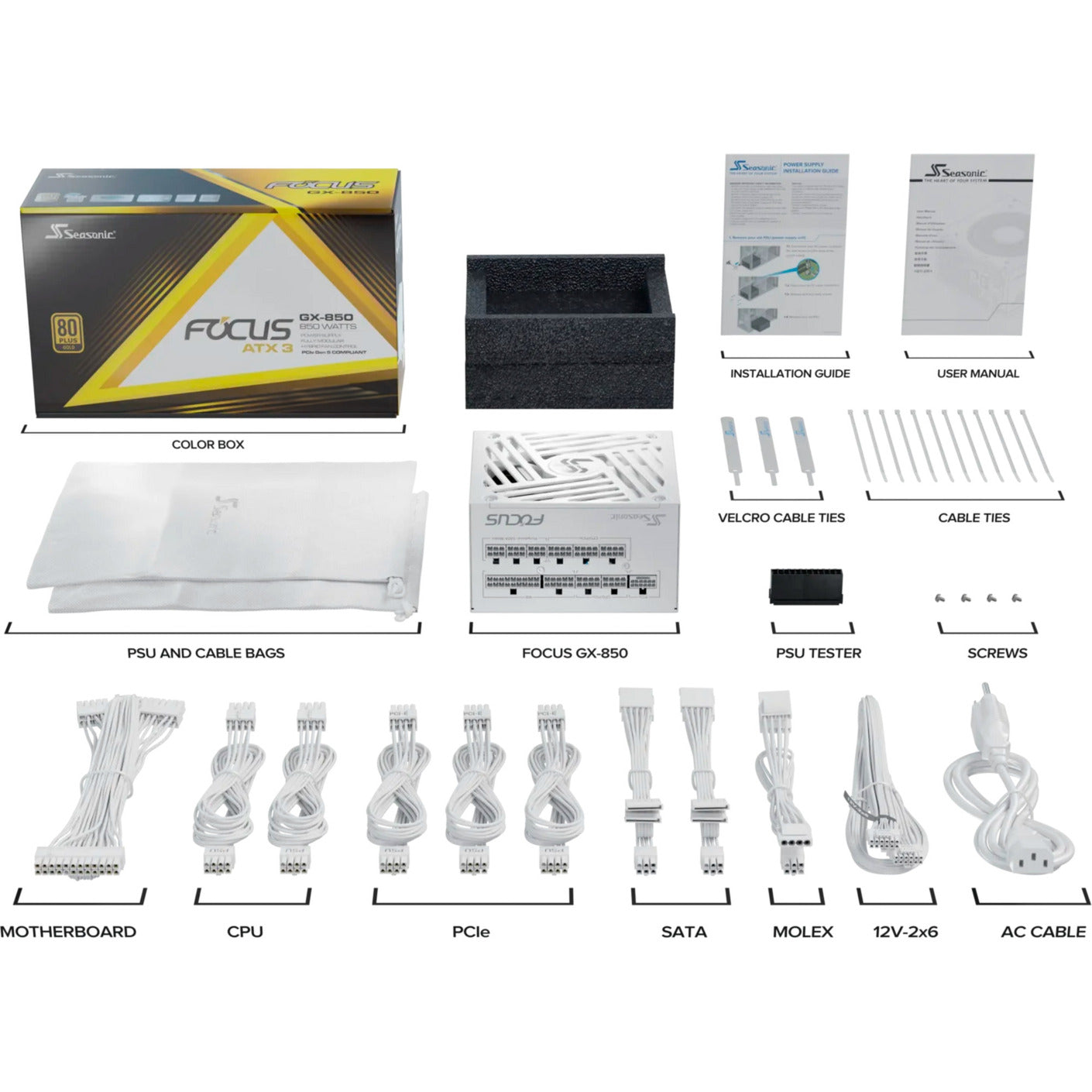Seasonic focus-gx-850-v4 atx3.0 modulaire 850 watt voeding (wit, 1x 12vhpwr, 3x pcie)