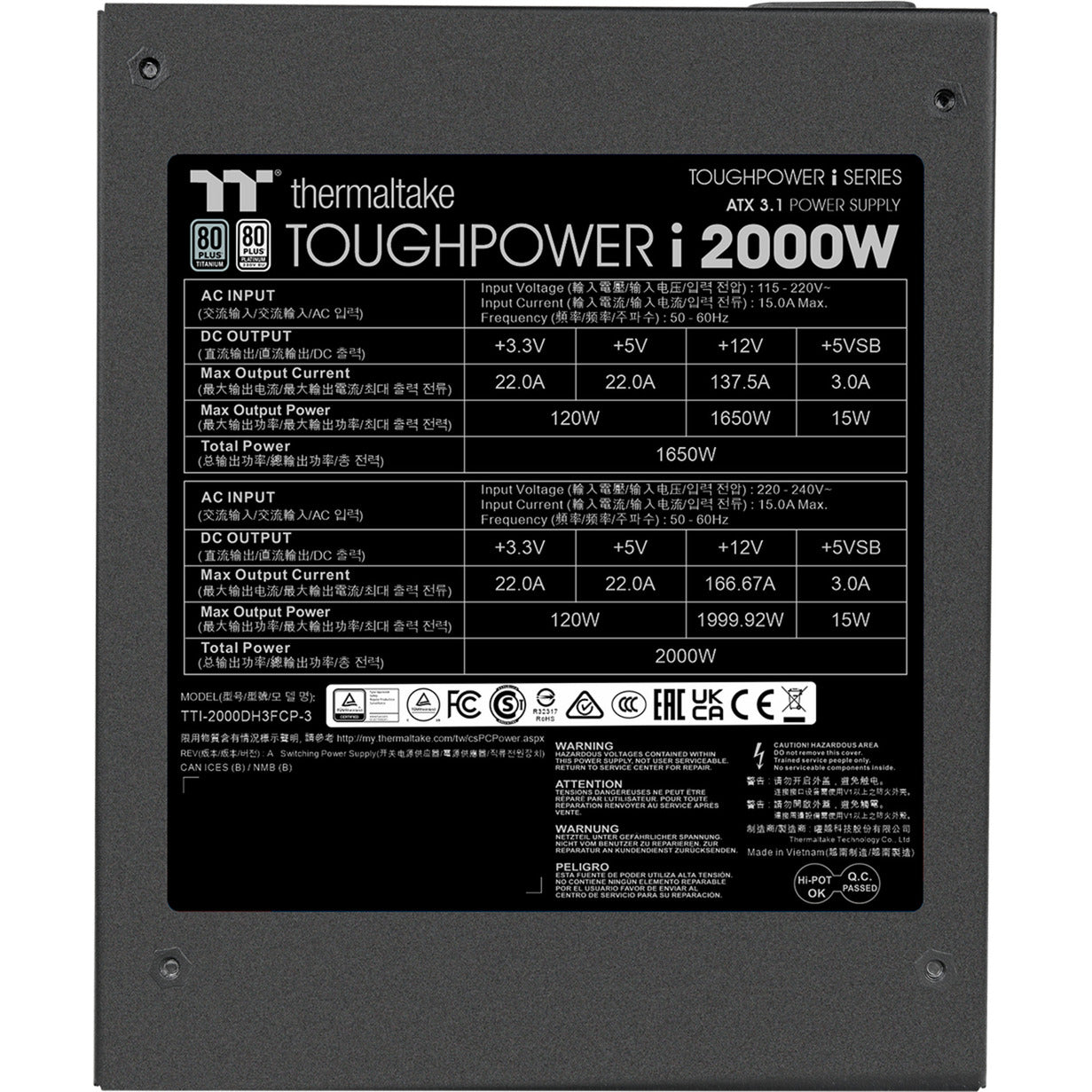 Thermaltake toughpower i modulaire 2000 watt voeding (zwart, 4x 12v-2x6, 8x pcie)
