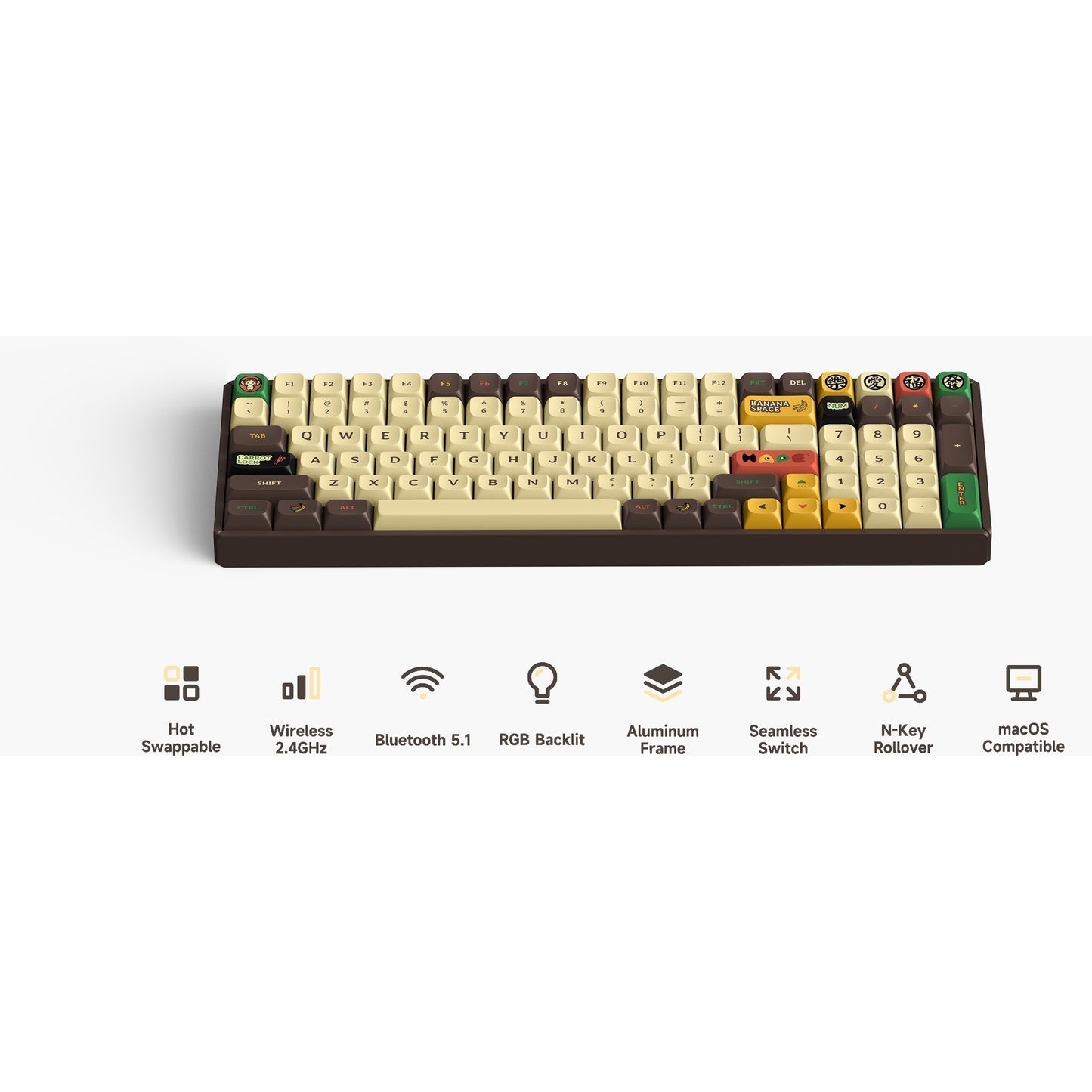 Iqunix F97 Happy Ape Wireless Mechanical Keyboard (Bruin, US lay-out (QWERTY), Gateron Brown, 96%, RGB leds, Hot-swappable, PBT, 2.4GHz | Bluetooth 5.1 | USB-C)