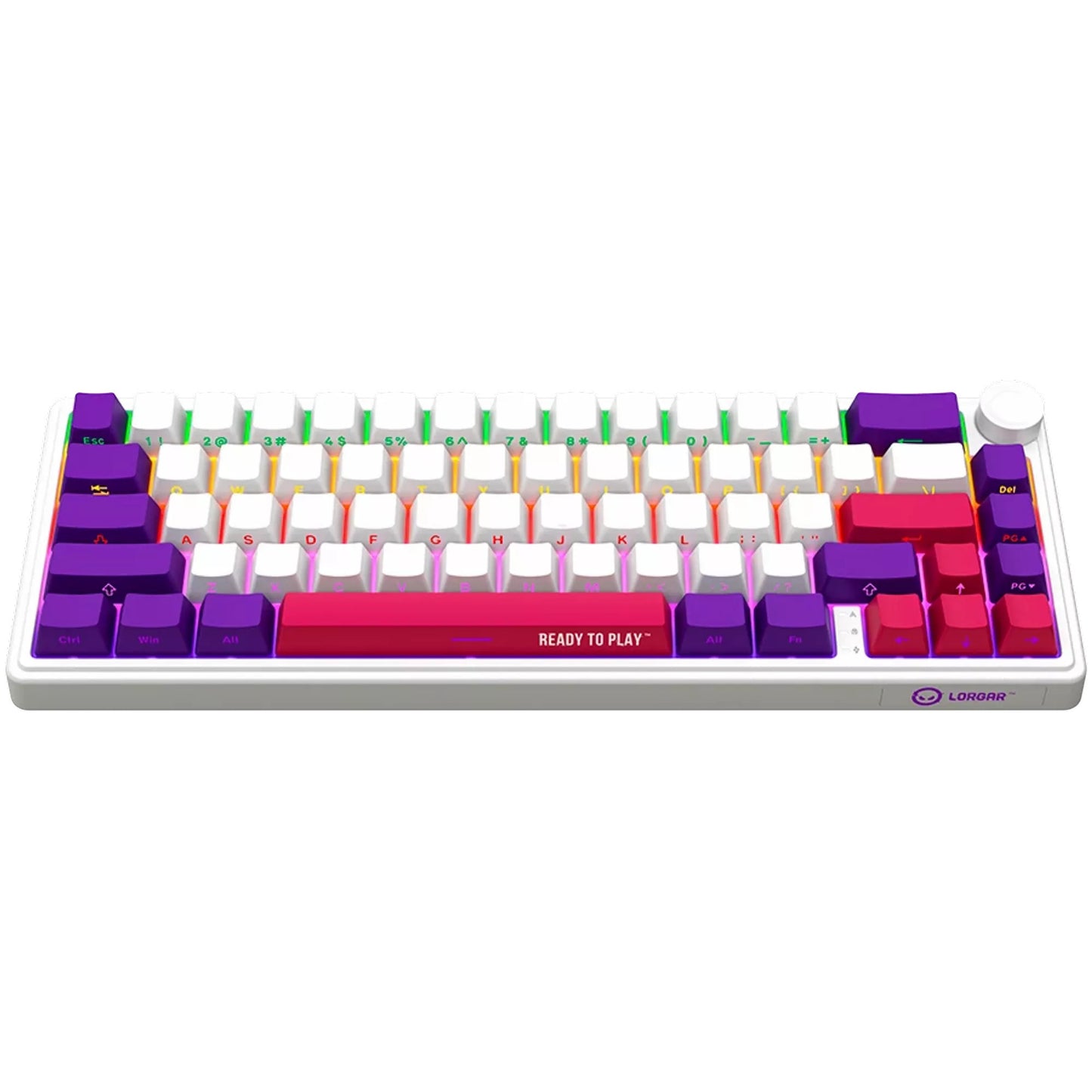 LORGAR kbp70mw rgb mechanisch gaming toetsenbord (wit, us lay-out (qwerty), logar toxic purple, 65%, rgb, hot-swappable, pbt double-shot, bluetooth | 2.4ghz | usb)
