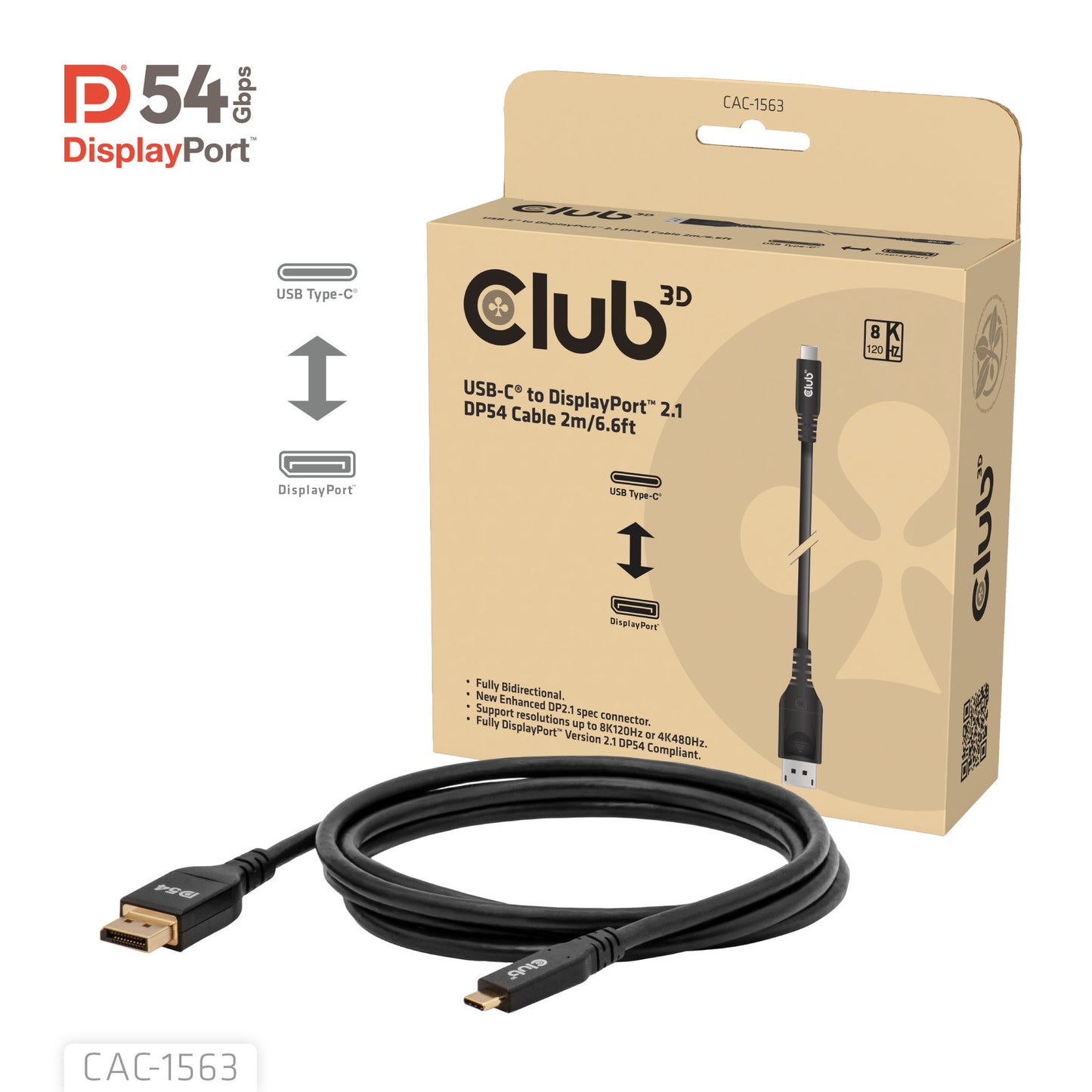 Club 3D usb-c naar displayport 2.1 dp54 bi-directioneel kabel, 8k120hz 2m (zwart)