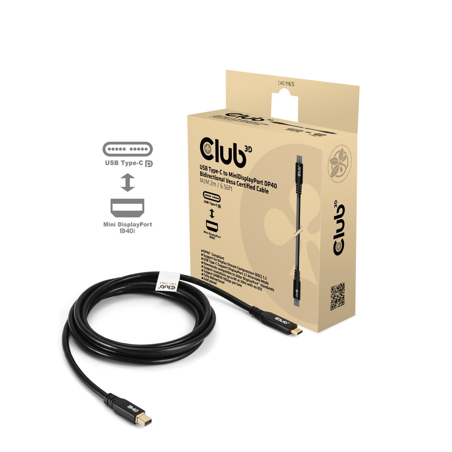 Club 3D usb-c naar minidisplayport dp40 bidirectioneel adapter (zwart, 2 meter, vesa-gecertificeerd)