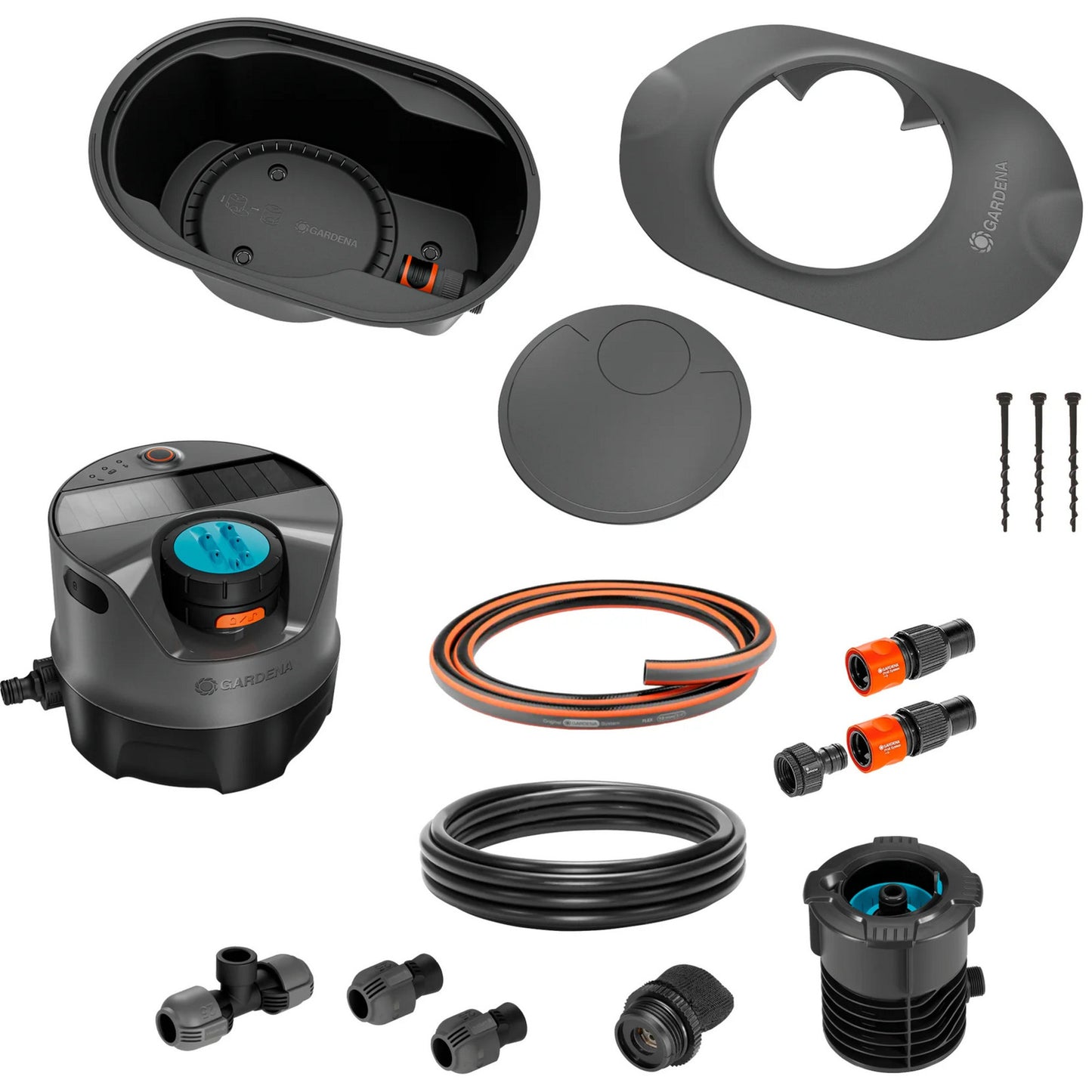 GARDENA complete set pipeline irrigatiesysteem aquaprecise op zonne-energie voor gazon sprinklersysteem (grijs turquoise)