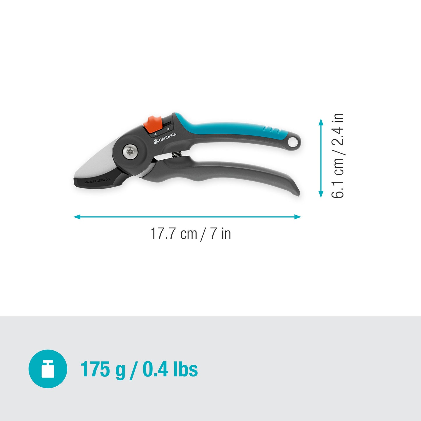 GARDENA snoeischaar premiumcut voor droog hout (grijs turquoise, aambeeldsnede, 20 mm snoeidiameter)