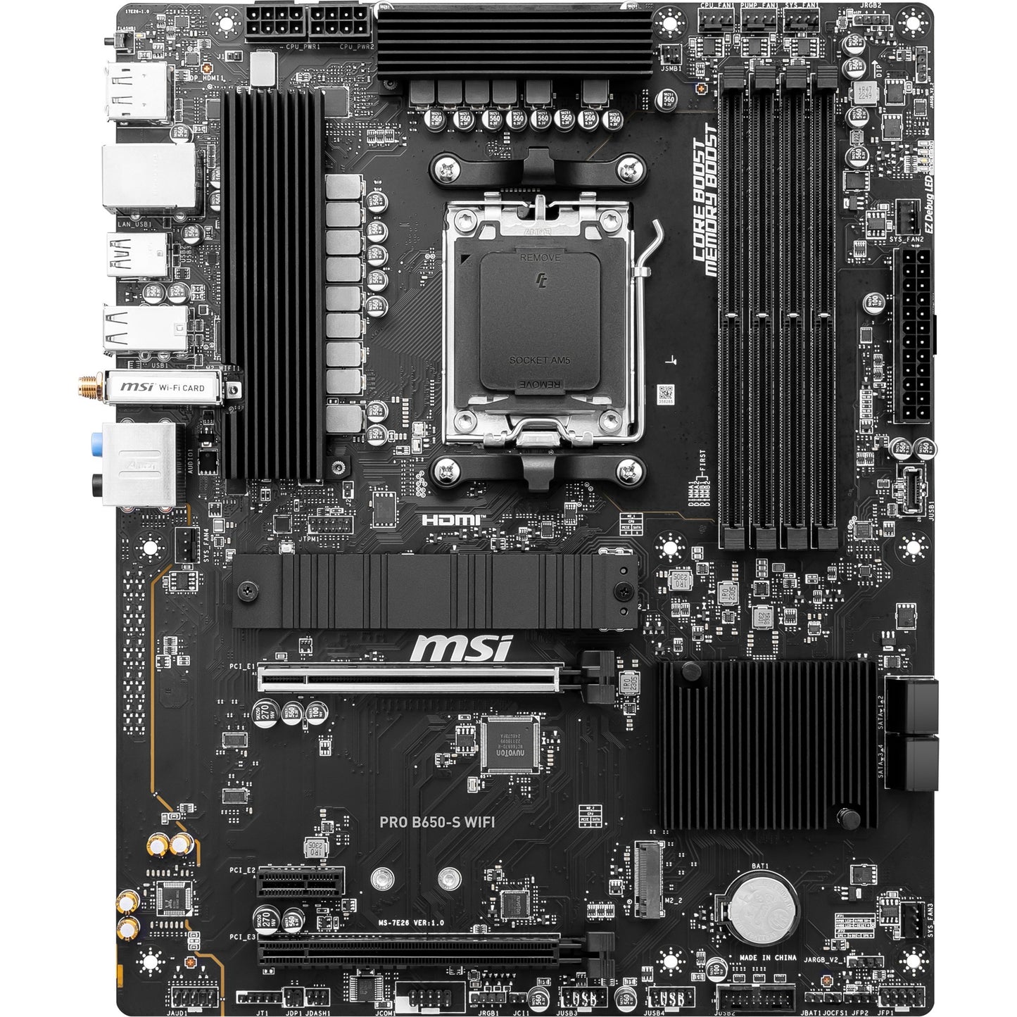 MSI pro b650-s wifi socket am5 moederbord (zwart, raid, 2.5 gbe-lan, wi-fi 6e, bt, sound, atx)