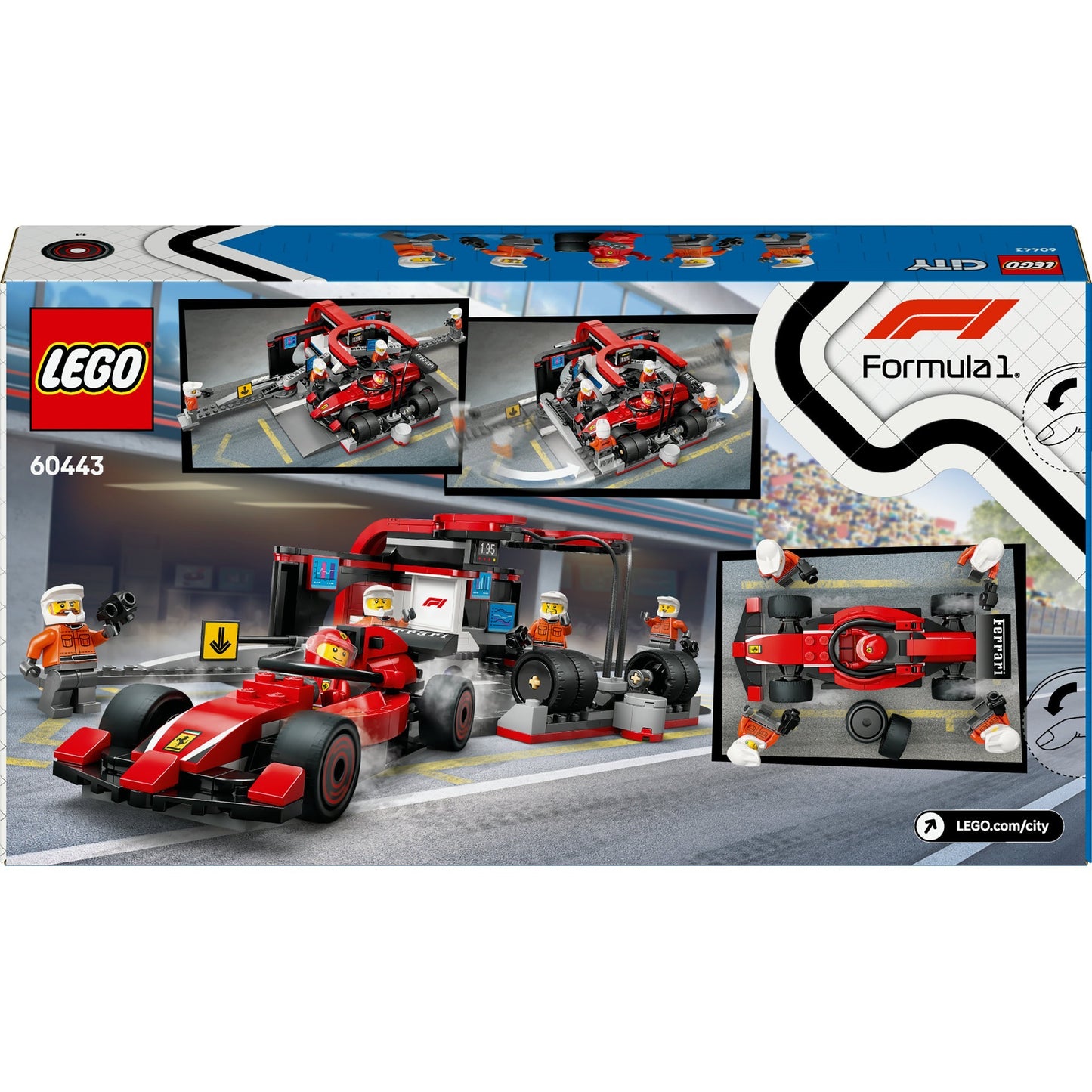 LEGO city 60443 f1 pitstop en pitcrew met ferrari auto