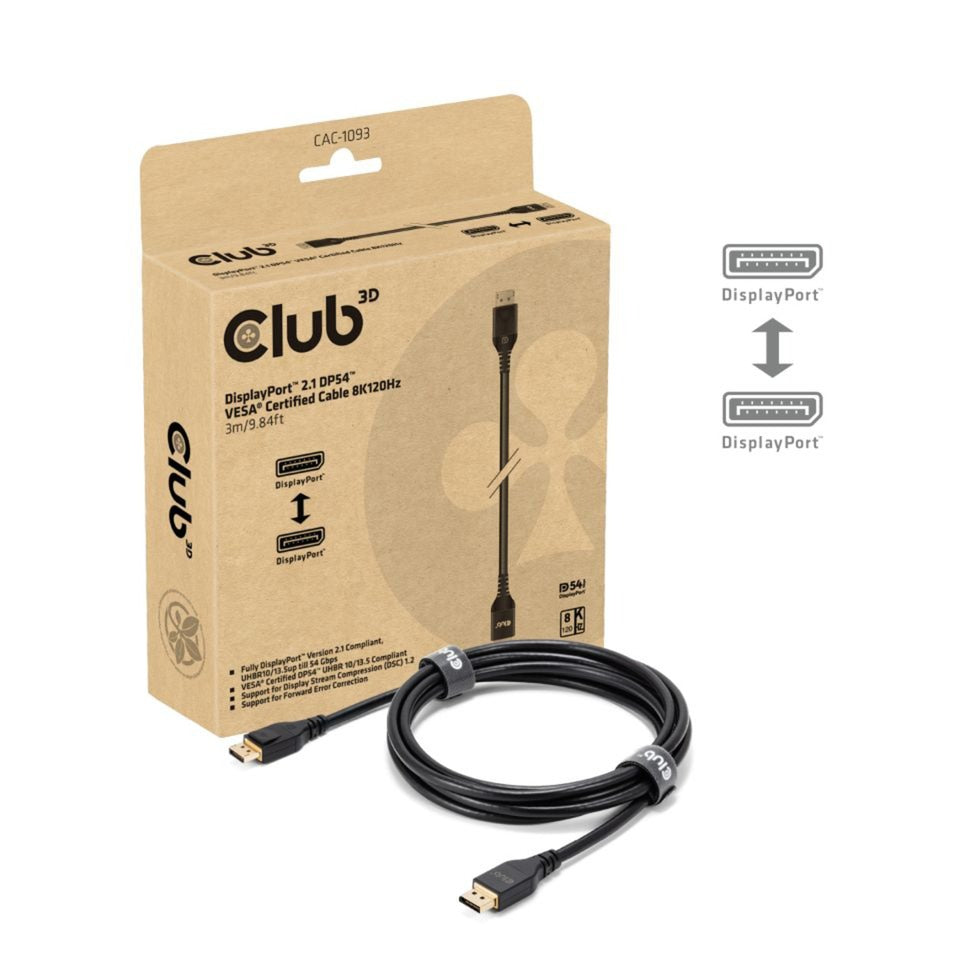 Club 3D displayport 2.1 vesa dp54 gecertificeerde kabel male-male (zwart, 3 meter, 4k 240hz, 8k 120hz, 54gbps)