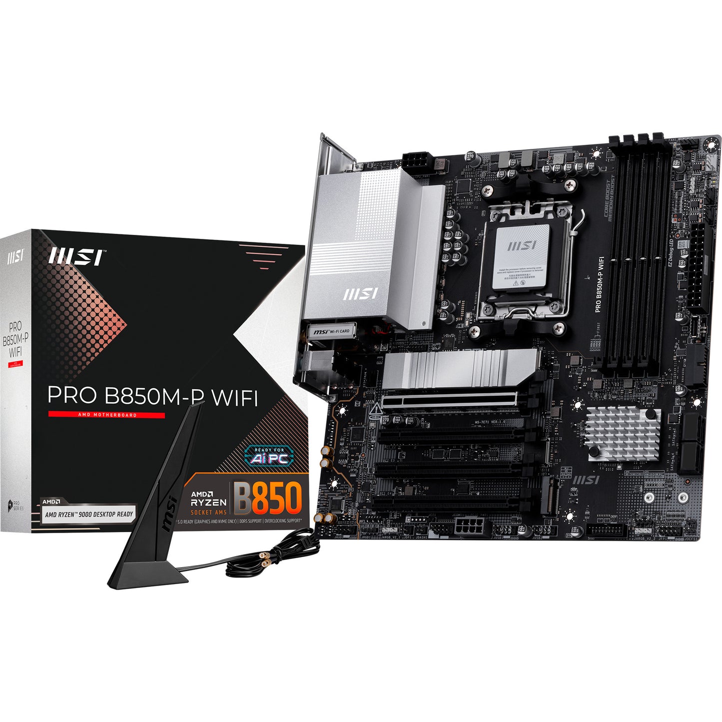 MSI pro b850m-p wifi socket am5 moederbord (zwart zilver, raid, 5gb-lan, wi-fi 7, bt, sound, µatx)
