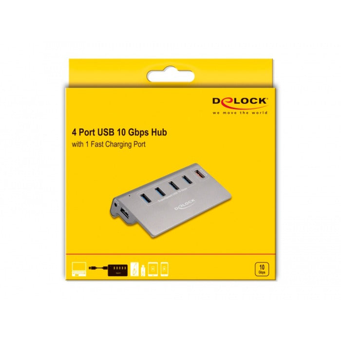 DeLOCK usb-hub 10 gbps met 4 usb-a + 1 quick charge poort (grijs, incl. voeding)