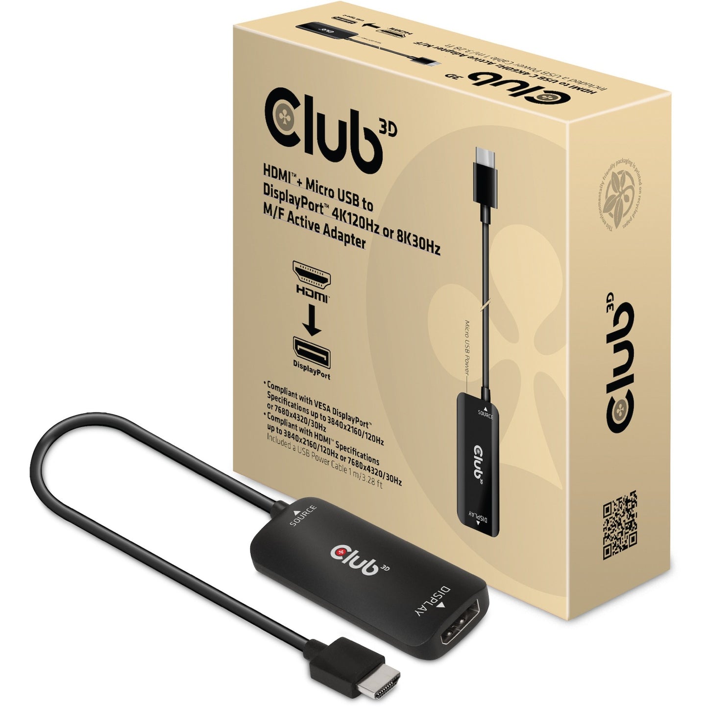 Club 3D hdmi + micro usb naar displayport active adapter (zwart, 4k120hz 8k30hz m f )
