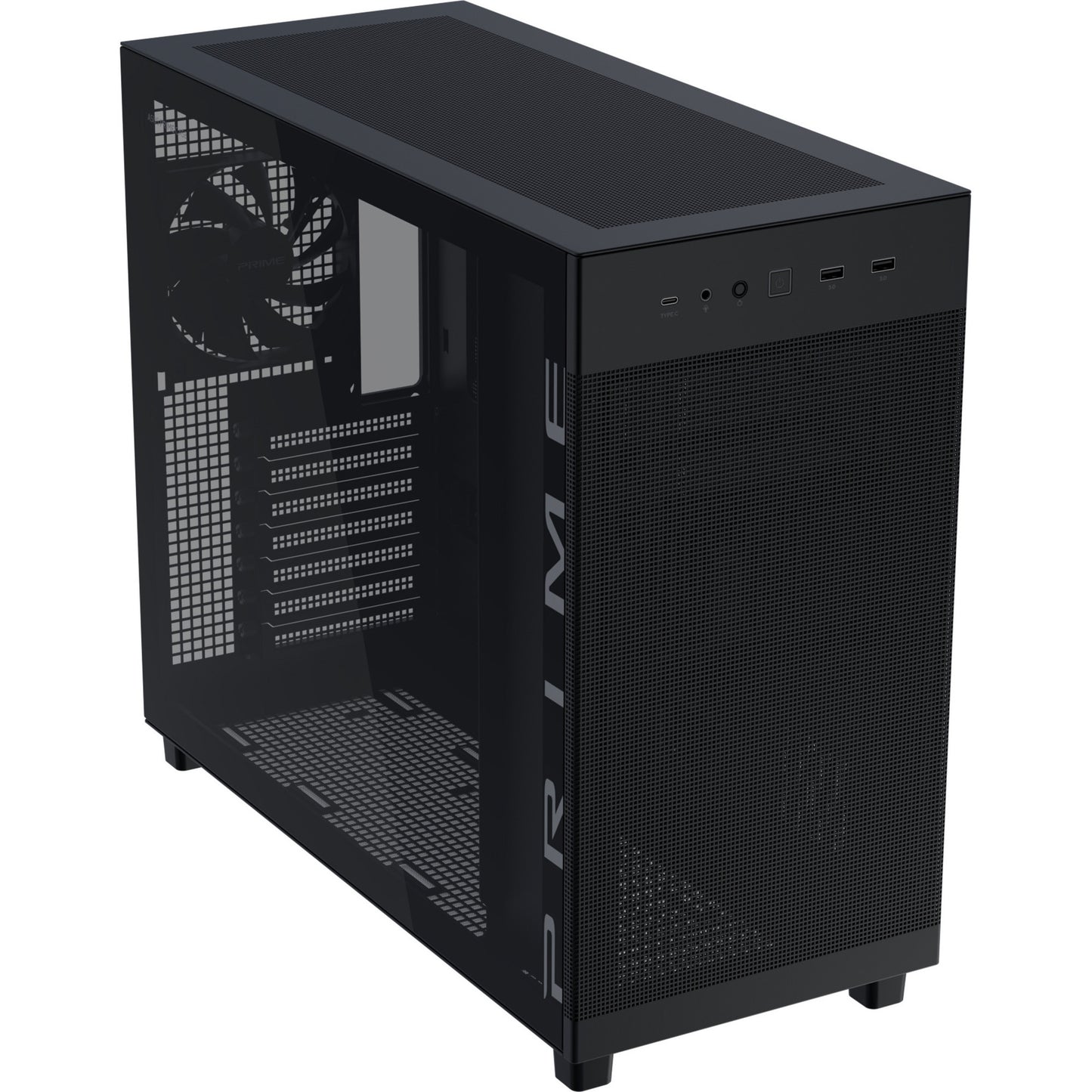 ASUS prime ap303 - tempered glass panel midi tower behuizing (zwart | 2x usb-a | 1x usb-c | tempered glass)