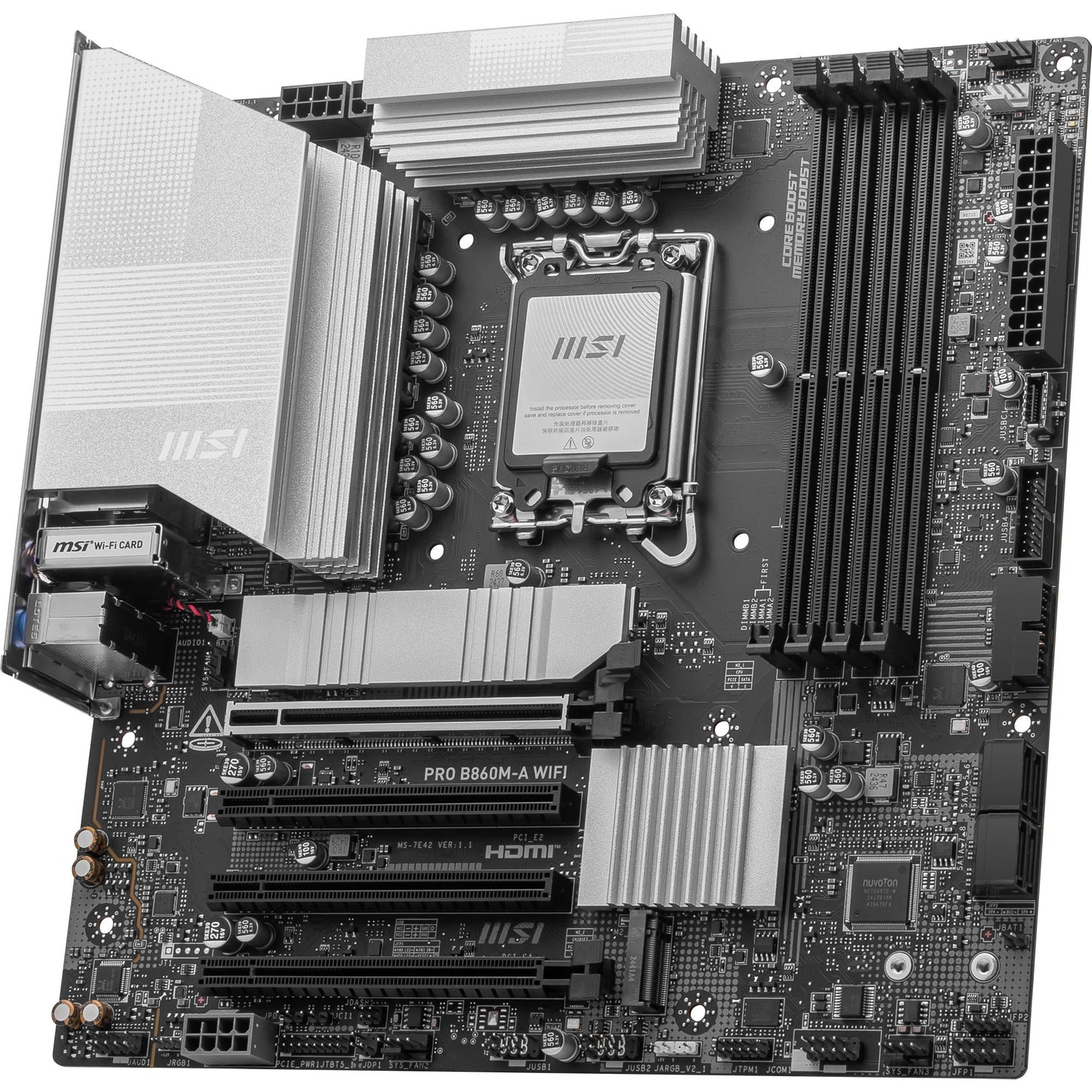 MSI pro b860m-a wifi socket 1851 moederbord (zilver, raid, 5gb-lan, wi-fi 7, bt, sound, µatx)