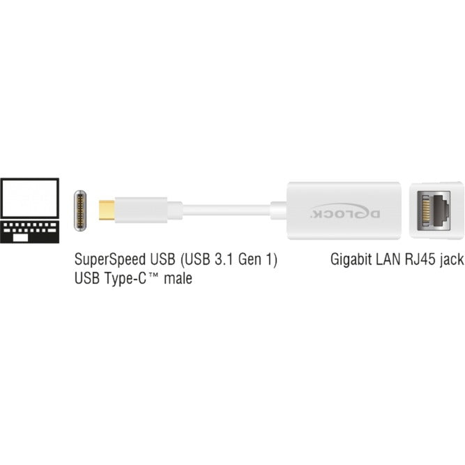 DeLOCK superspeed usb-c (usb 3.1 gen 1) male > gigabit lan 10 100 1000 mbps compact adapter (wit, 0,135 meter)