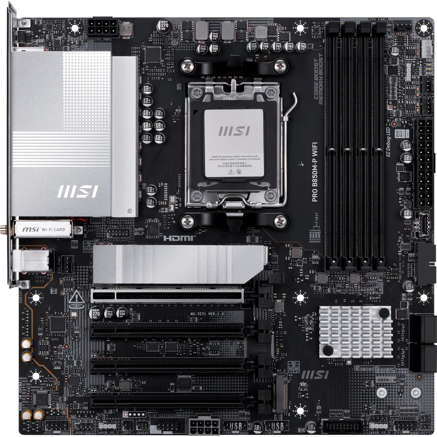 MSI pro b850m-p wifi socket am5 moederbord (zwart zilver, raid, 5gb-lan, wi-fi 7, bt, sound, µatx)