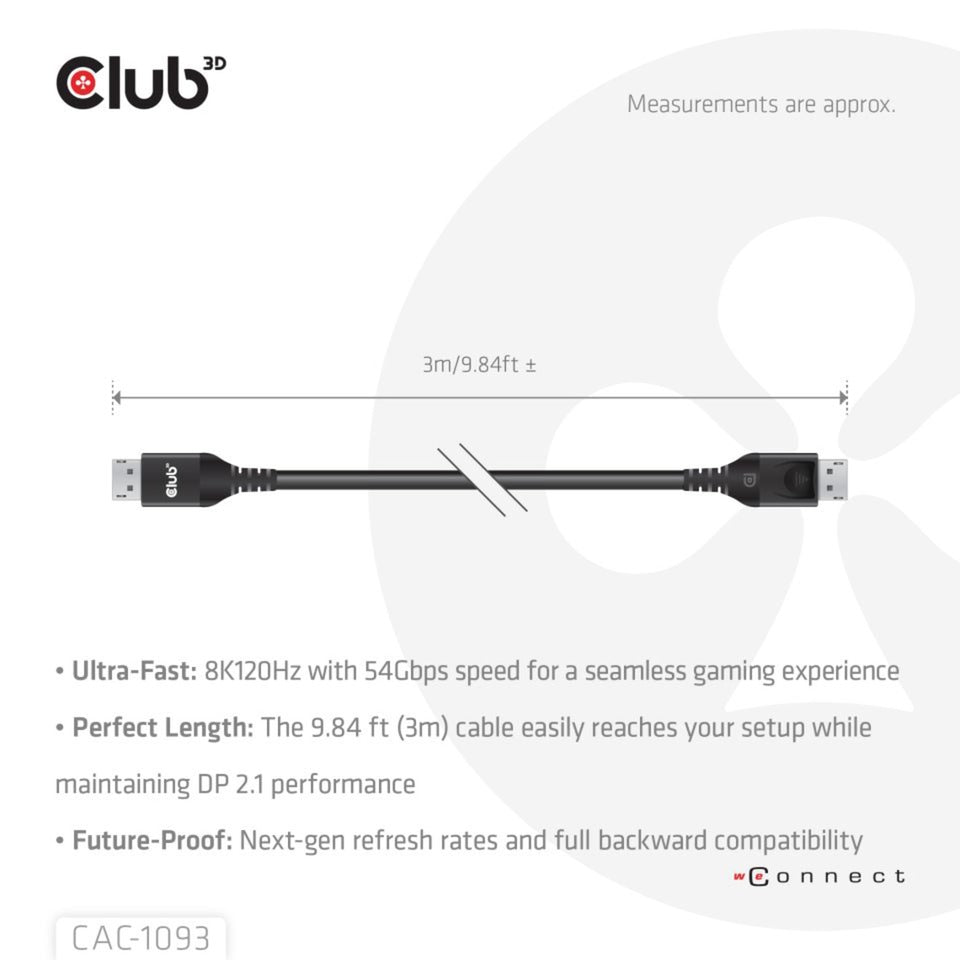 Club 3D displayport 2.1 vesa dp54 gecertificeerde kabel male-male (zwart, 3 meter, 4k 240hz, 8k 120hz, 54gbps)