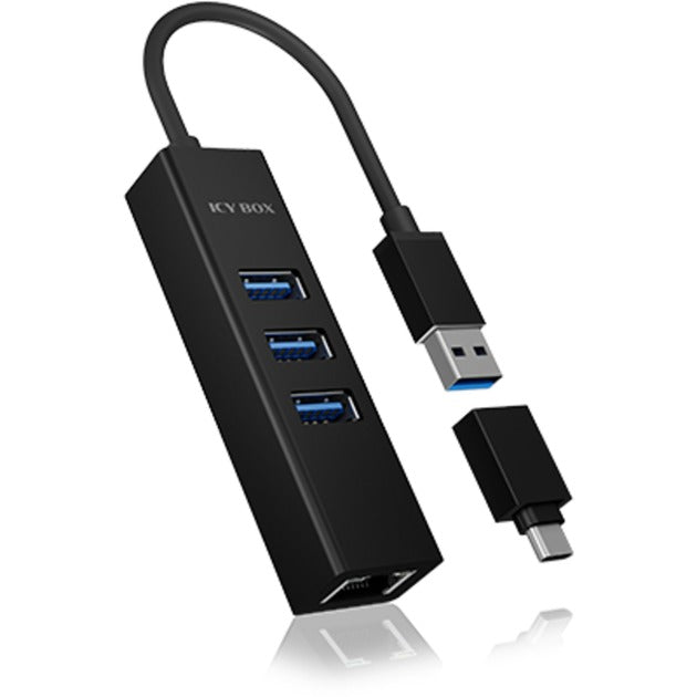 ICY BOX ib-hub1419-lan usb-hub (zwart, 3x usb-a 3.2 (5 gbit s), 1x lan)