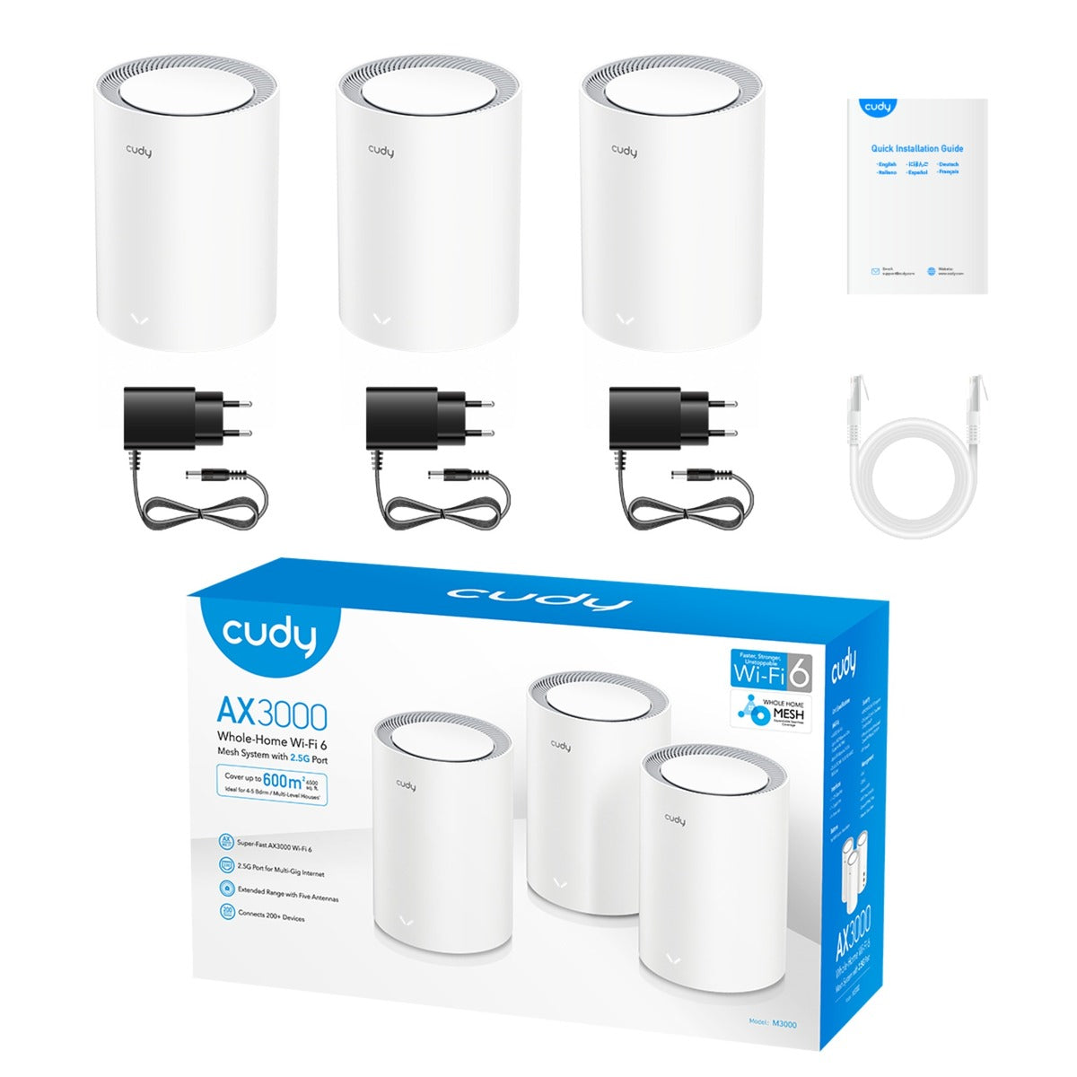 Cudy ax3000 2.5g mesh wi-fi 6 system (3-pack) mesh router (wit)
