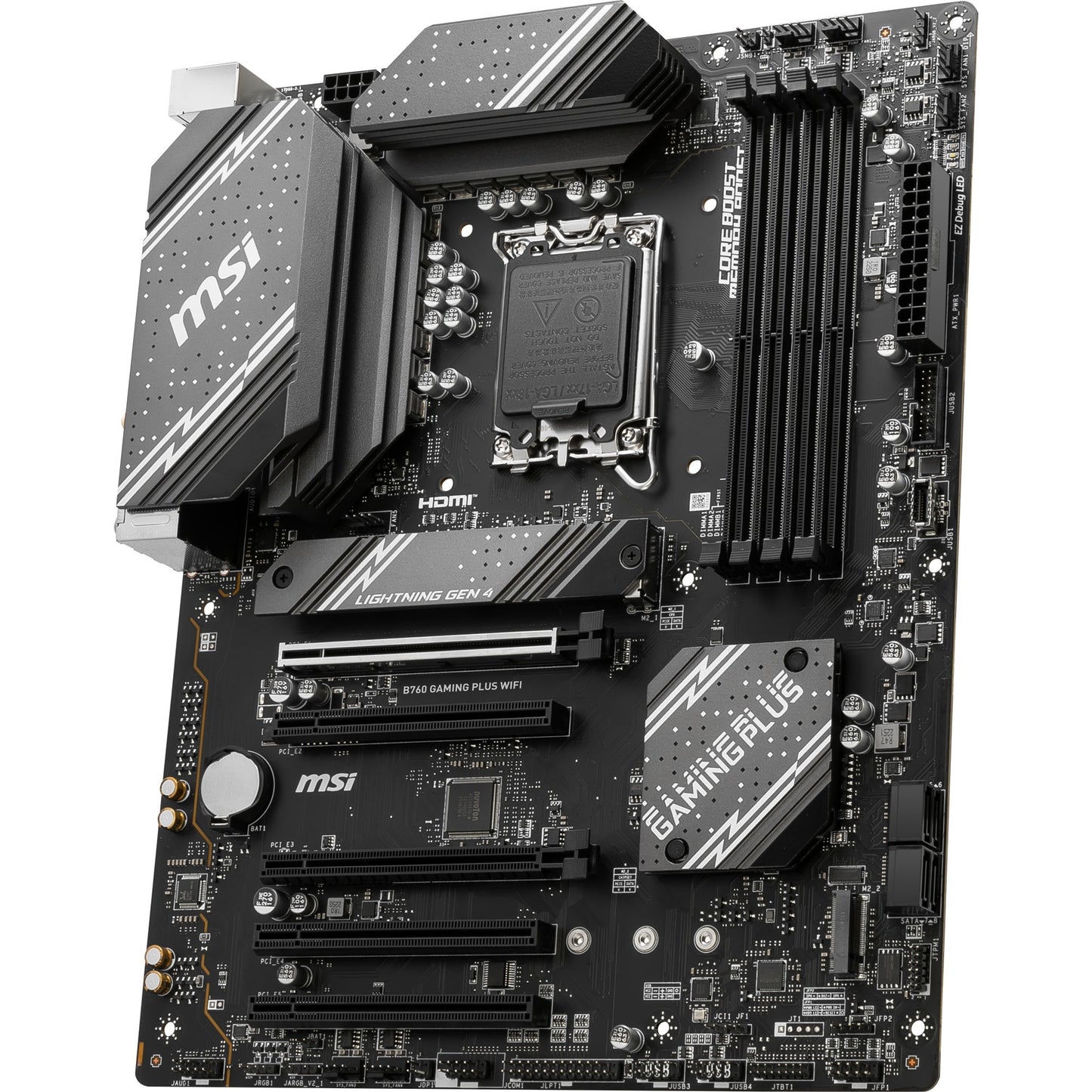 MSI b760 gaming plus wifi socket 1700 moederbord (grijs zwart, raid, 2.5gb-lan, wi-fi 6e, bt, sound, atx)