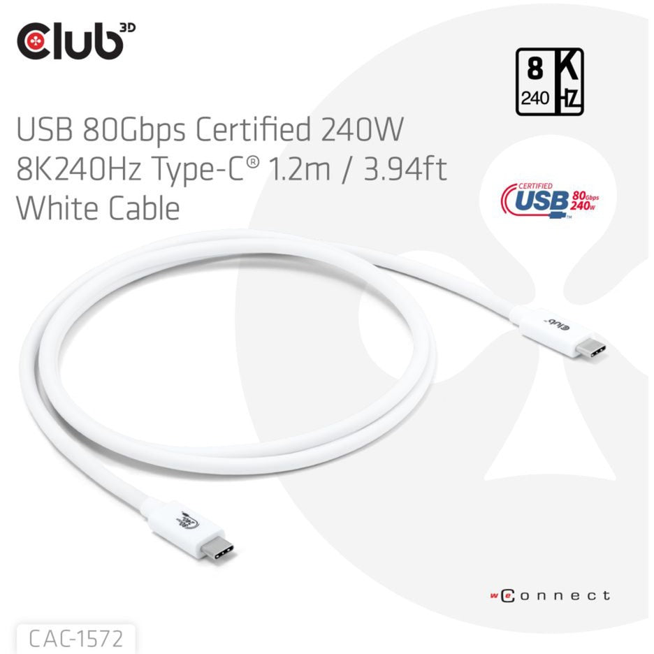 Club 3D usb-c 80gbps certified 240w 8k 240hz kabel (wit, 1.2m)