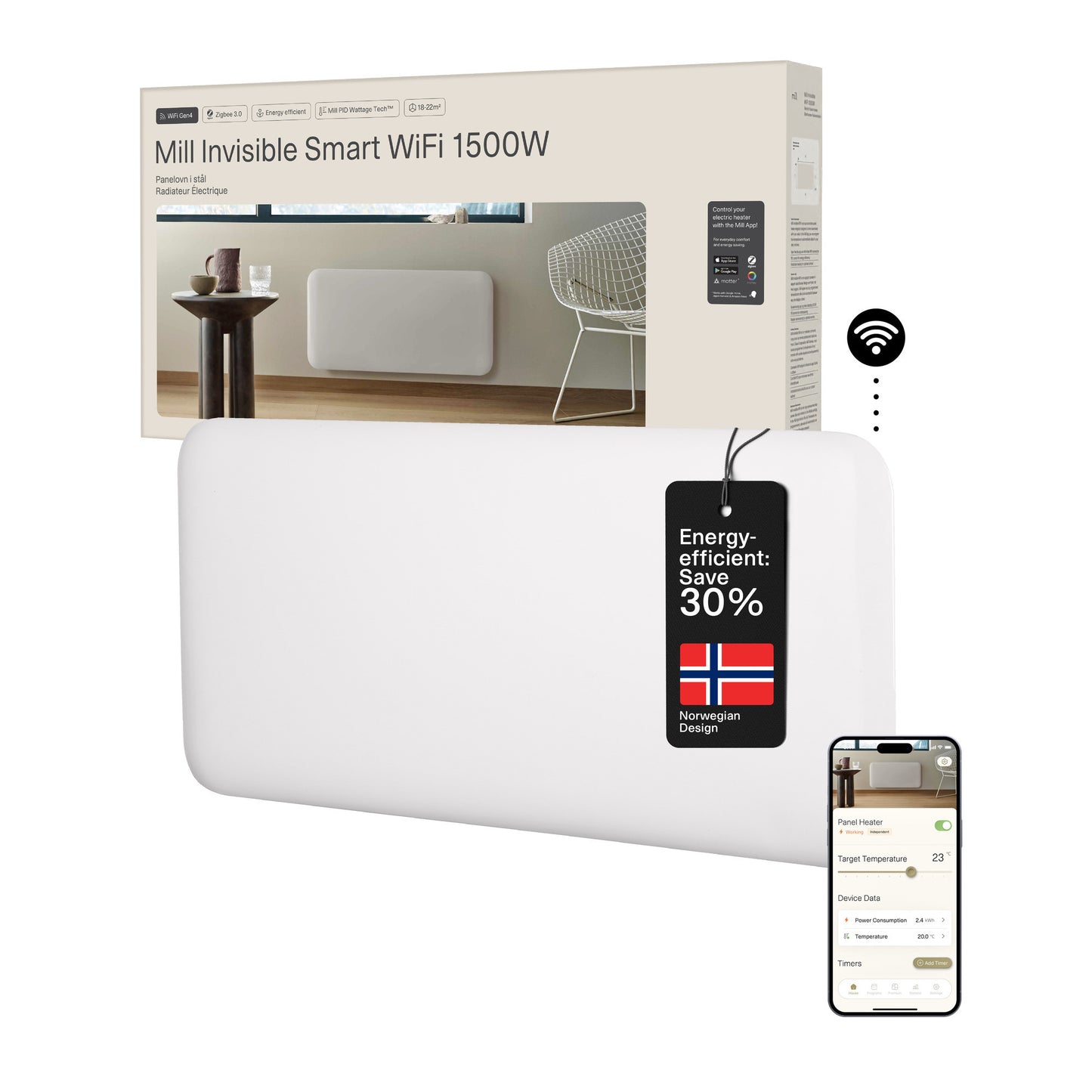 Mill steel wifi paneelverwarming pa1500wifi4a, 1500 watt convector (wit, wifi 2,4 ghz (wifi 6), bluetooth 5.2, zigbee 3.0 + app)