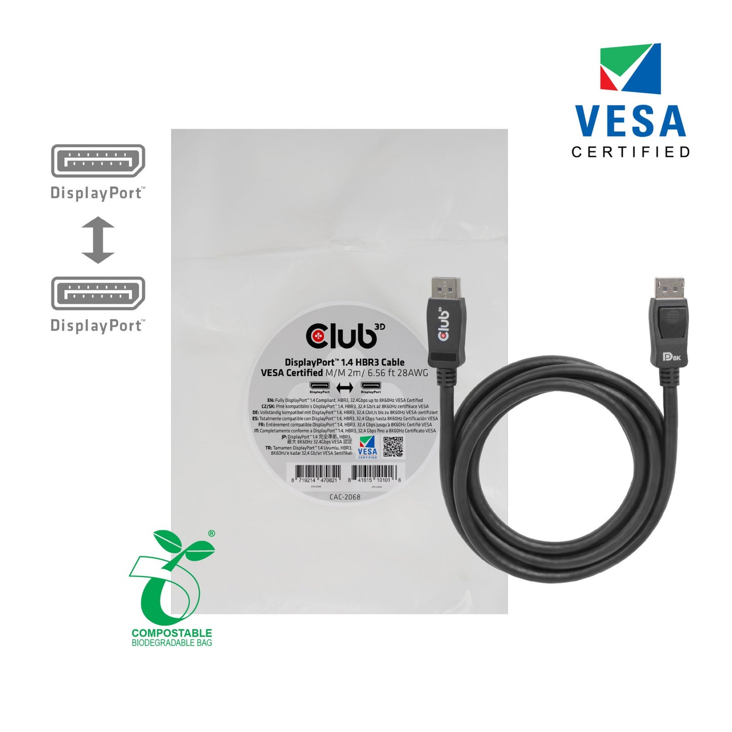 Club 3D displayport 1.4 vesa gecertificeerde kabel male-male (zwart, 2 meter, 8k 60hz, 32.4gbps)