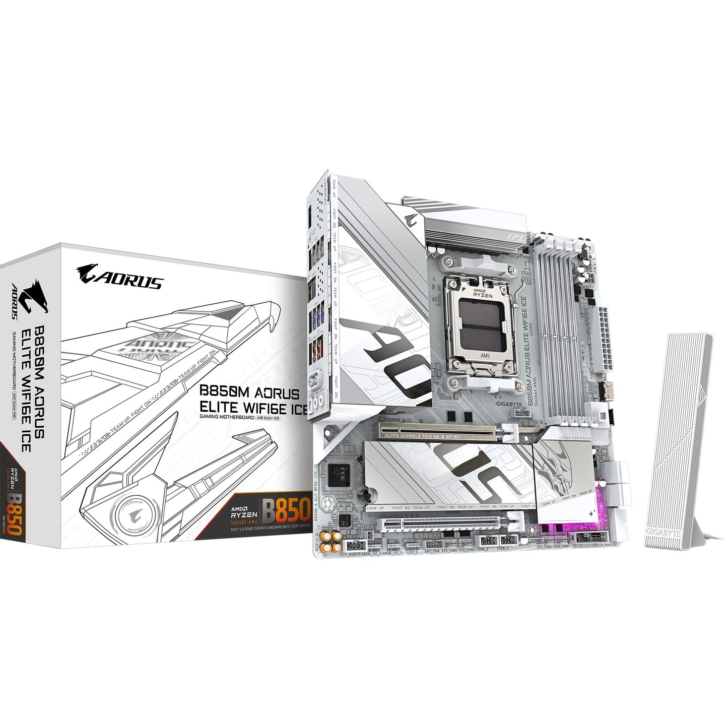 GIGABYTE b850m aorus elite wifi6e ice socket am5 moederbord (zilver wit, raid, 2,5gb-lan, wi-fi 6e, bt, sound, µatx)