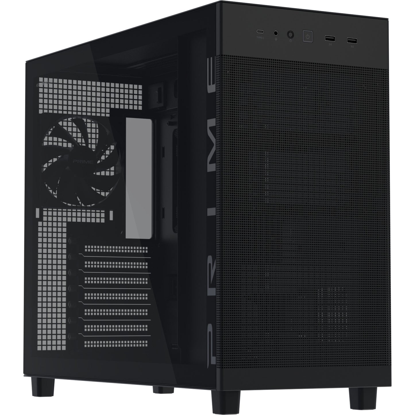 ASUS prime ap303 - tempered glass panel midi tower behuizing (zwart | 2x usb-a | 1x usb-c | tempered glass)