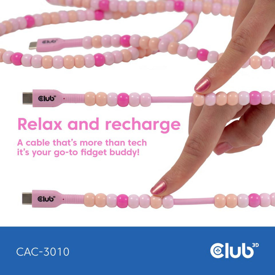 Club 3D usb-c beaded cable pink, 2 meter kabel (roze)