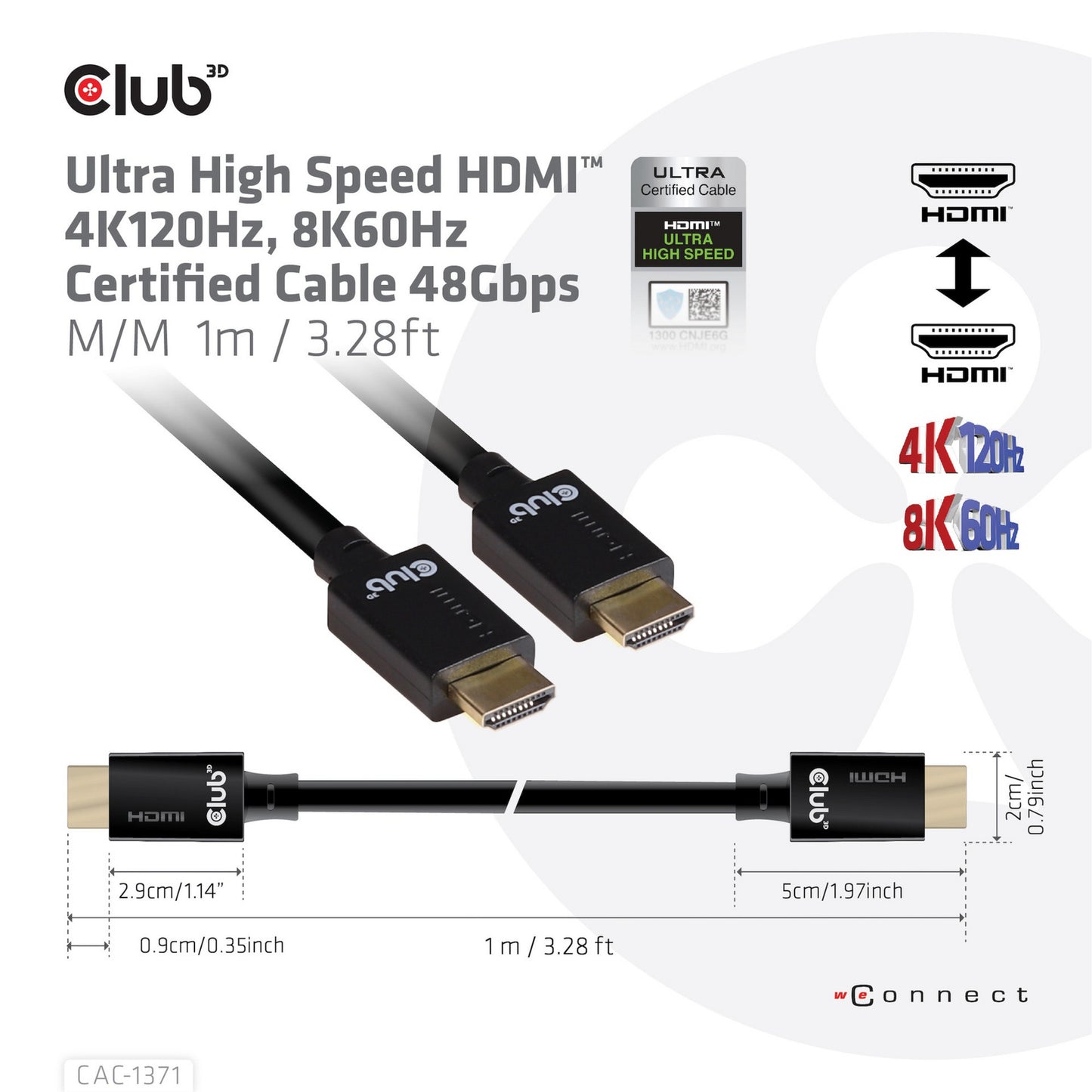 Club 3D ultra high speed hdmi 2.1 gecertificeerde kabel male-male (zwart, 1 meter, 4k 120hz, 8k 60hz, 48gbps)