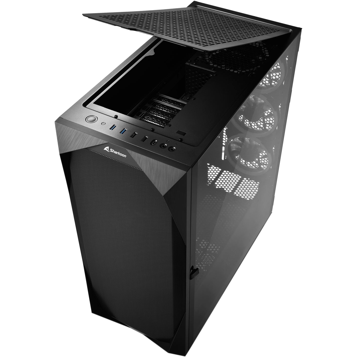 Sharkoon rev300 midi tower behuizing (zwart | 4x usb-a | 1x usb-c | rgb | tempered glass)
