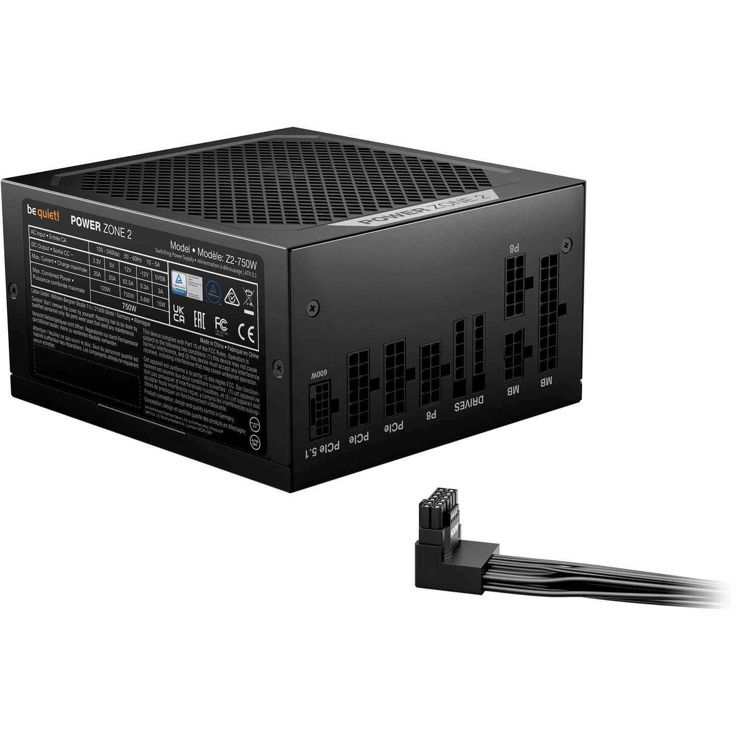 Be Quiet! power zone 2 modulaire 750 watt voeding (zwart, 1x 12v-2x6, 3x pcie)