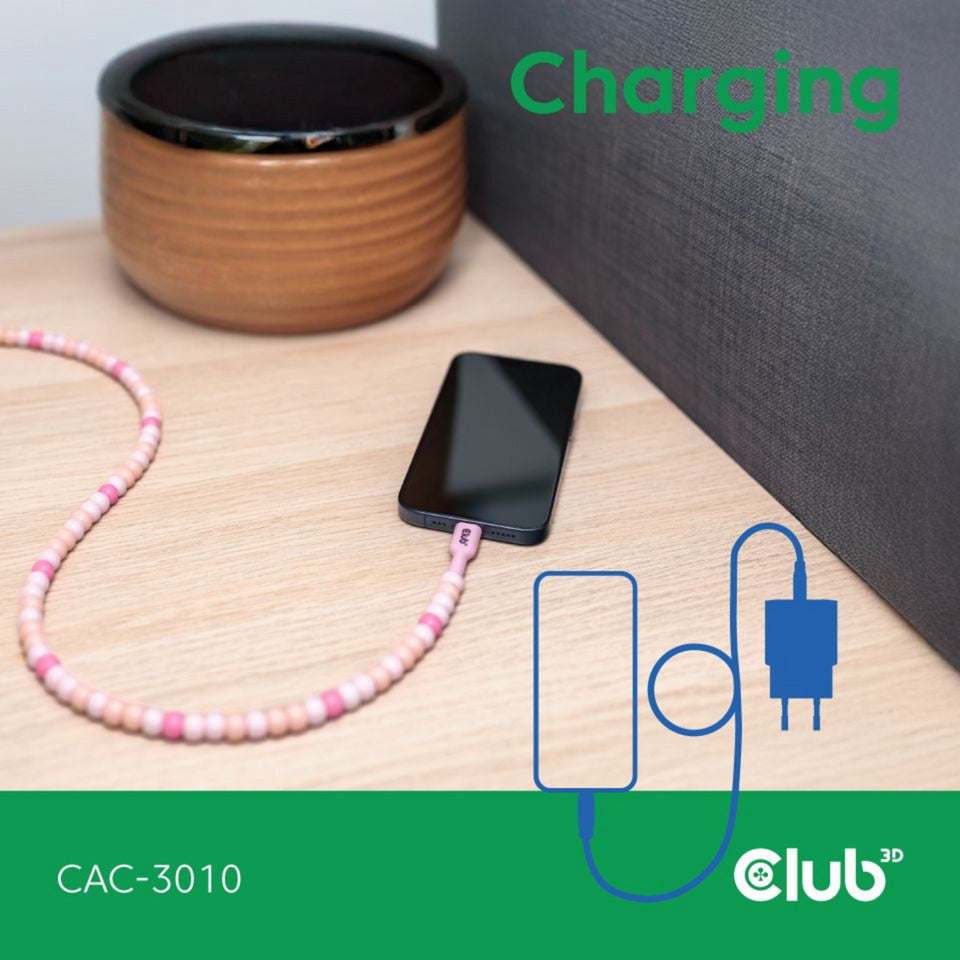 Club 3D usb-c beaded cable pink, 2 meter kabel (roze)
