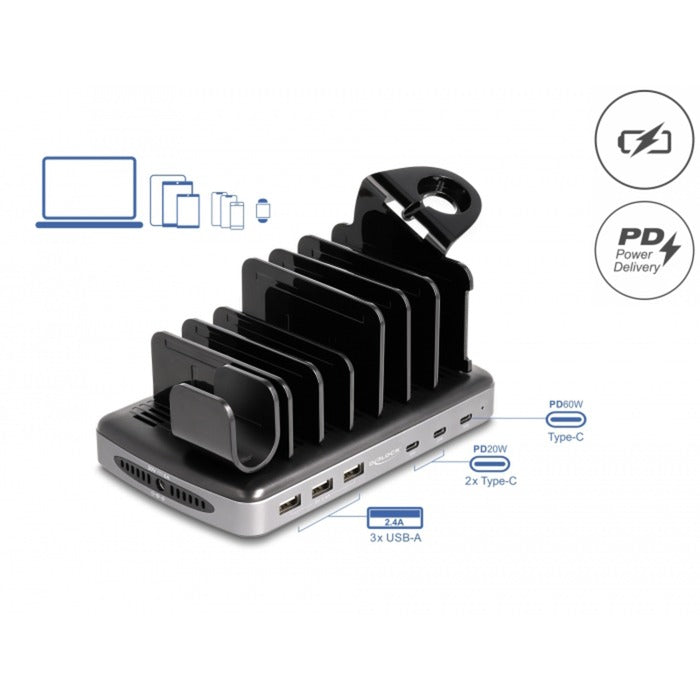 DeLOCK usb charging station met 3 x usb type-c pd + 3 x usb type-a (112 w) (grijs zwart)